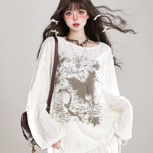 Holey Relaxed Long-Sleeve T-shirt for Women - Wasteland Style Spring Chic Sun Protection Loose Cover-Up Top
