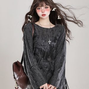 Holey Relaxed Long-Sleeve T-shirt for Women - Wasteland Style Spring Chic Sun Protection Loose Cover-Up Top