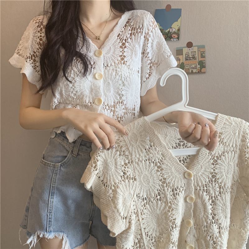 Hollow-Out Hook Flower Short Sleeve Cardigan - Women's Knitted Summer Cover-Up Top in Korean Style, Versatile and Lightweight