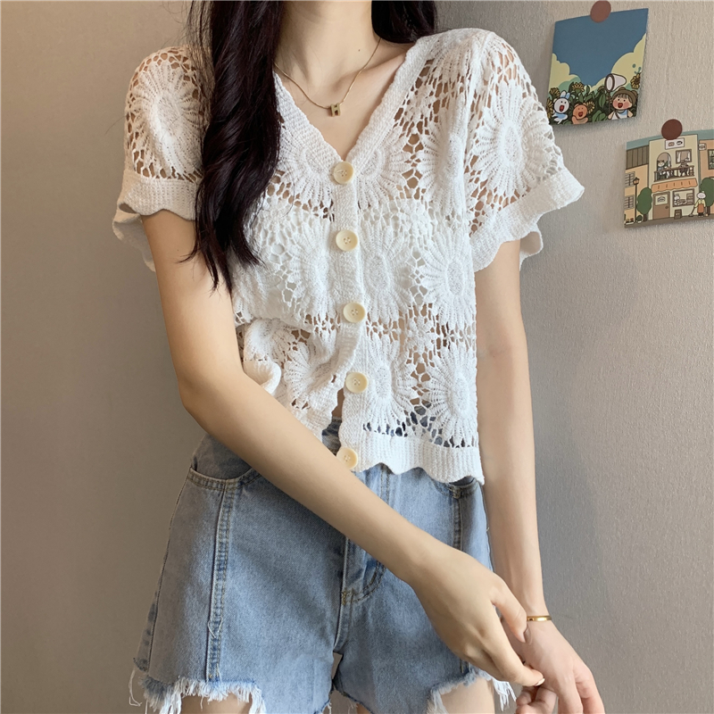 Hollow-Out Hook Flower Short Sleeve Cardigan - Women's Knitted Summer Cover-Up Top in Korean Style, Versatile and Lightweight