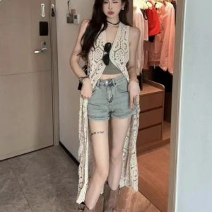 Hollow-Out Vest Dress in Ice Silk - Women's Thin Knitted Long Cardigan for Beach Vacation Layered Style