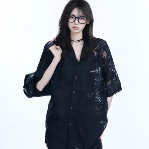 Hollow Semi-Transparent Short Sleeve Shirt for Women - National Trend Lightweight Loose Blouse for Summer, Y2K Style