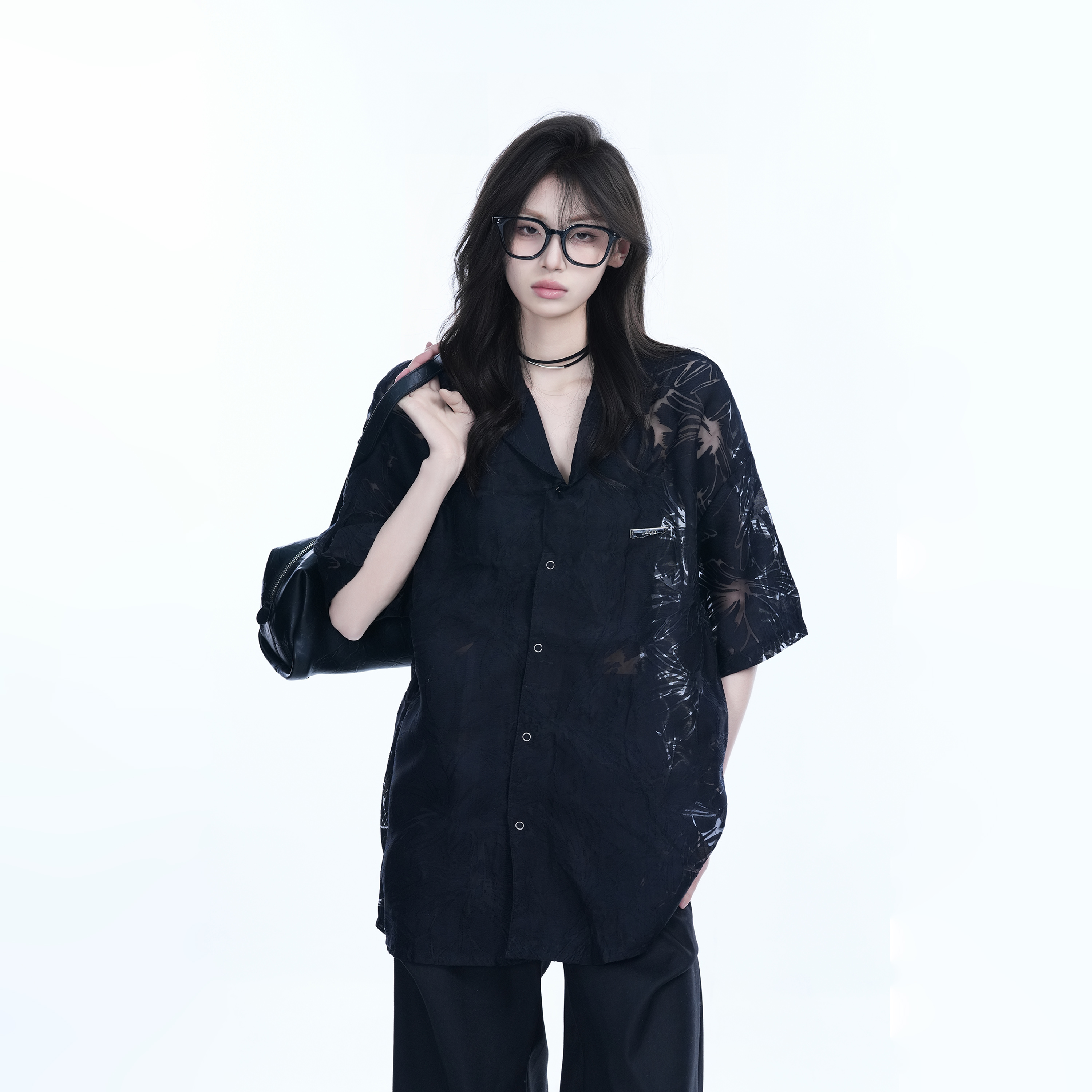 Hollow Semi-Transparent Short Sleeve Shirt for Women - National Trend Lightweight Loose Blouse for Summer, Y2K Style