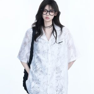 Hollow Semi-Transparent Short Sleeve Shirt for Women - National Trend Lightweight Loose Blouse for Summer, Y2K Style