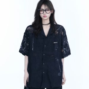 Hollow Semi-Transparent Short Sleeve Shirt for Women - National Trend Lightweight Loose Blouse for Summer, Y2K Style