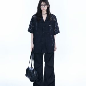 Hollow Semi-Transparent Short Sleeve Shirt for Women - National Trend Lightweight Loose Blouse for Summer, Y2K Style