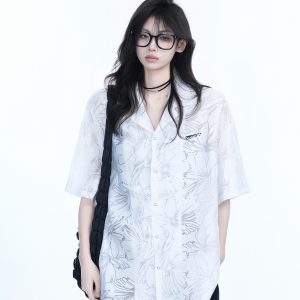 Hollow Semi-Transparent Short Sleeve Shirt for Women - National Trend Lightweight Loose Blouse for Summer, Y2K Style