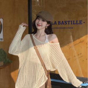 Hollowed-Out Off-Shoulder Knitted Top for Women - Loose Casual Long Sleeve Beach Vacation Cover-Up, Perfect for Y2K Style