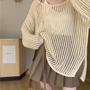 Hollowed-Out Off-Shoulder Knitted Top for Women - Loose Casual Long Sleeve Beach Vacation Cover-Up, Perfect for Y2K Style