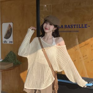 Hollowed-Out Off-Shoulder Knitted Top for Women - Loose Casual Long Sleeve Beach Vacation Cover-Up, Perfect for Y2K Style