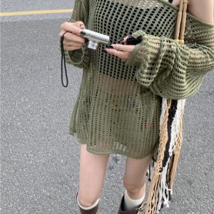 Hollowed-Out Off-Shoulder Knitted Top for Women - Loose Casual Long Sleeve Beach Vacation Cover-Up, Perfect for Y2K Style