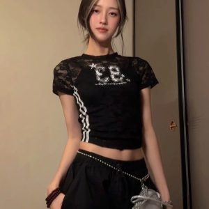 Hollowed-Out Spicy Girl Short Sleeve Digital Print Jersey T-Shirt - Slim Fit Summer Style Y2K Fashion Top