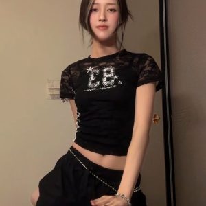 Hollowed-Out Spicy Girl Short Sleeve Digital Print Jersey T-Shirt - Slim Fit Summer Style Y2K Fashion Top