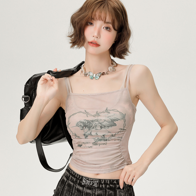 Hot Girl Mesh Camisole - Women's Slimming Summer Top, Fake Two-Piece Style, Trendy 90s-Inspired Fashion