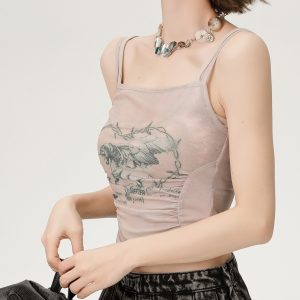 Hot Girl Mesh Camisole - Women's Slimming Summer Top, Fake Two-Piece Style, Trendy 90s-Inspired Fashion