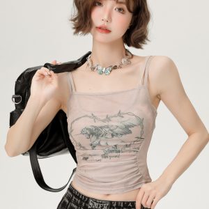 Hot Girl Mesh Camisole - Women's Slimming Summer Top, Fake Two-Piece Style, Trendy 90s-Inspired Fashion