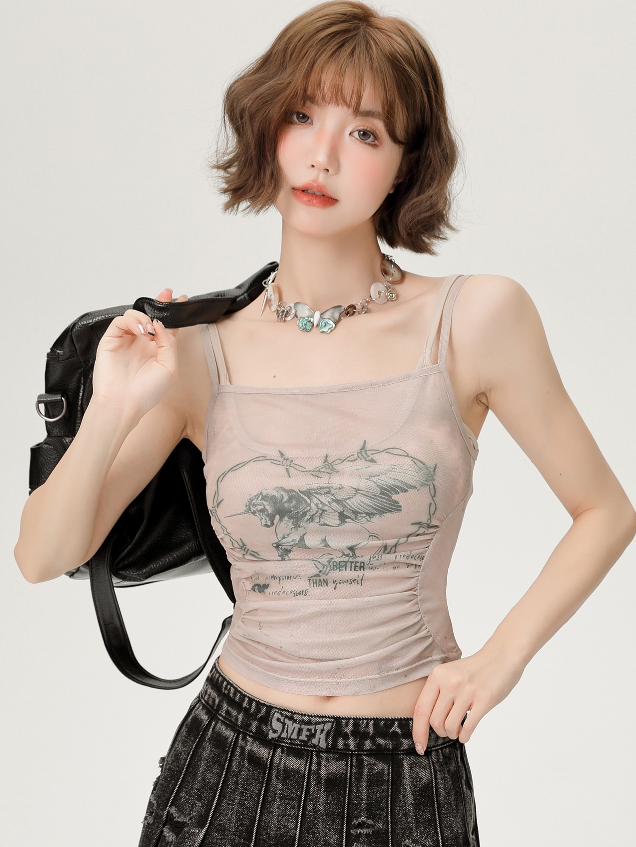 Hot Girl Mesh Camisole - Women's Slimming Summer Top, Fake Two-Piece Style, Trendy 90s-Inspired Fashion Hot Girl Mesh Camisole - Women's Slimming Summer Top, Fake Two-Piece Style, Trendy 90s-Inspired Fashion