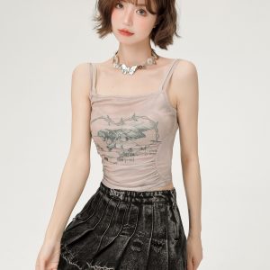 Hot Girl Mesh Camisole - Women's Slimming Summer Top, Fake Two-Piece Style, Trendy 90s-Inspired Fashion