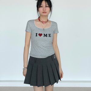 I Love Me Heart Velvet Lace Trim Top with Floral Short Sleeves - Summer Casual Style for Girls