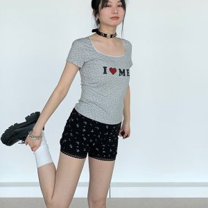 I Love Me Heart Velvet Lace Trim Top with Floral Short Sleeves - Summer Casual Style for Girls