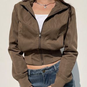 Industrial Style Zipper Jacket for Women - Deconstructed Splicing, Pocket, Stand Collar, Slim Fit, Cinched Waist, Short Coat