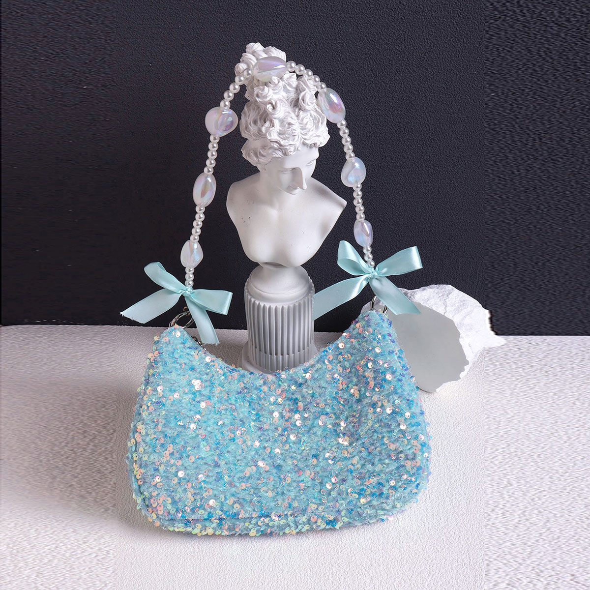 Iridescent Mermaid Sequin Beaded Underarm Bag with Lace-Up Bow - Cute Summer Crossbody Bag for Y2K and Korean Style Fashion Iridescent Mermaid Sequin Beaded Underarm Bag with Lace-Up Bow - Cute Summer Crossbody Bag for Y2K and Korean Style Fashion