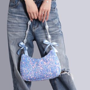 Iridescent Mermaid Sequin Beaded Underarm Bag with Lace-Up Bow - Cute Summer Crossbody Bag for Y2K and Korean Style Fashion
