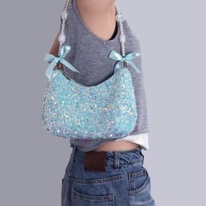 Iridescent Mermaid Sequin Beaded Underarm Bag with Lace-Up Bow - Cute Summer Crossbody Bag for Y2K and Korean Style Fashion