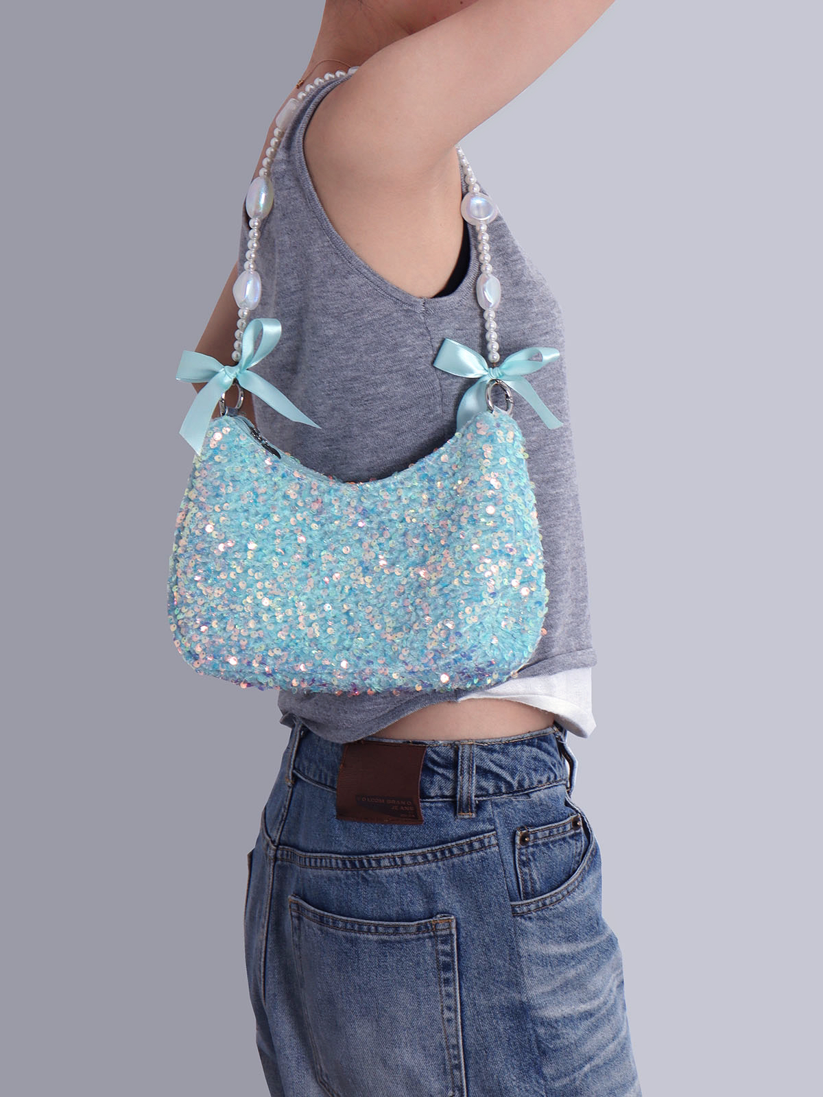 Iridescent Mermaid Sequin Beaded Underarm Bag with Lace-Up Bow - Cute Summer Crossbody Bag for Y2K and Korean Style Fashion Iridescent Mermaid Sequin Beaded Underarm Bag with Lace-Up Bow - Cute Summer Crossbody Bag for Y2K and Korean Style Fashion