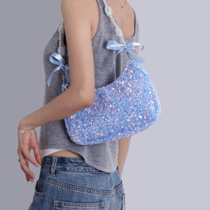 Iridescent Mermaid Sequin Beaded Underarm Bag with Lace-Up Bow - Cute Summer Crossbody Bag for Y2K and Korean Style Fashion