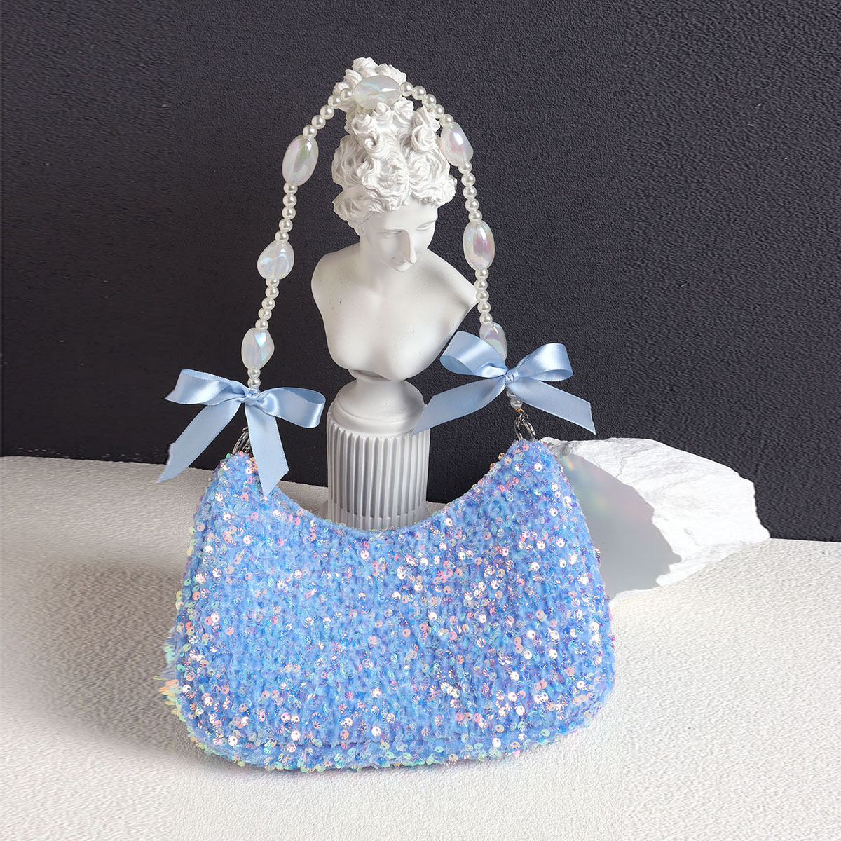 Iridescent Mermaid Sequin Beaded Underarm Bag with Lace-Up Bow - Cute Summer Crossbody Bag for Y2K and Korean Style Fashion