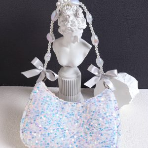 Iridescent Mermaid Sequin Beaded Underarm Bag with Lace-Up Bow - Cute Summer Crossbody Bag for Y2K and Korean Style Fashion