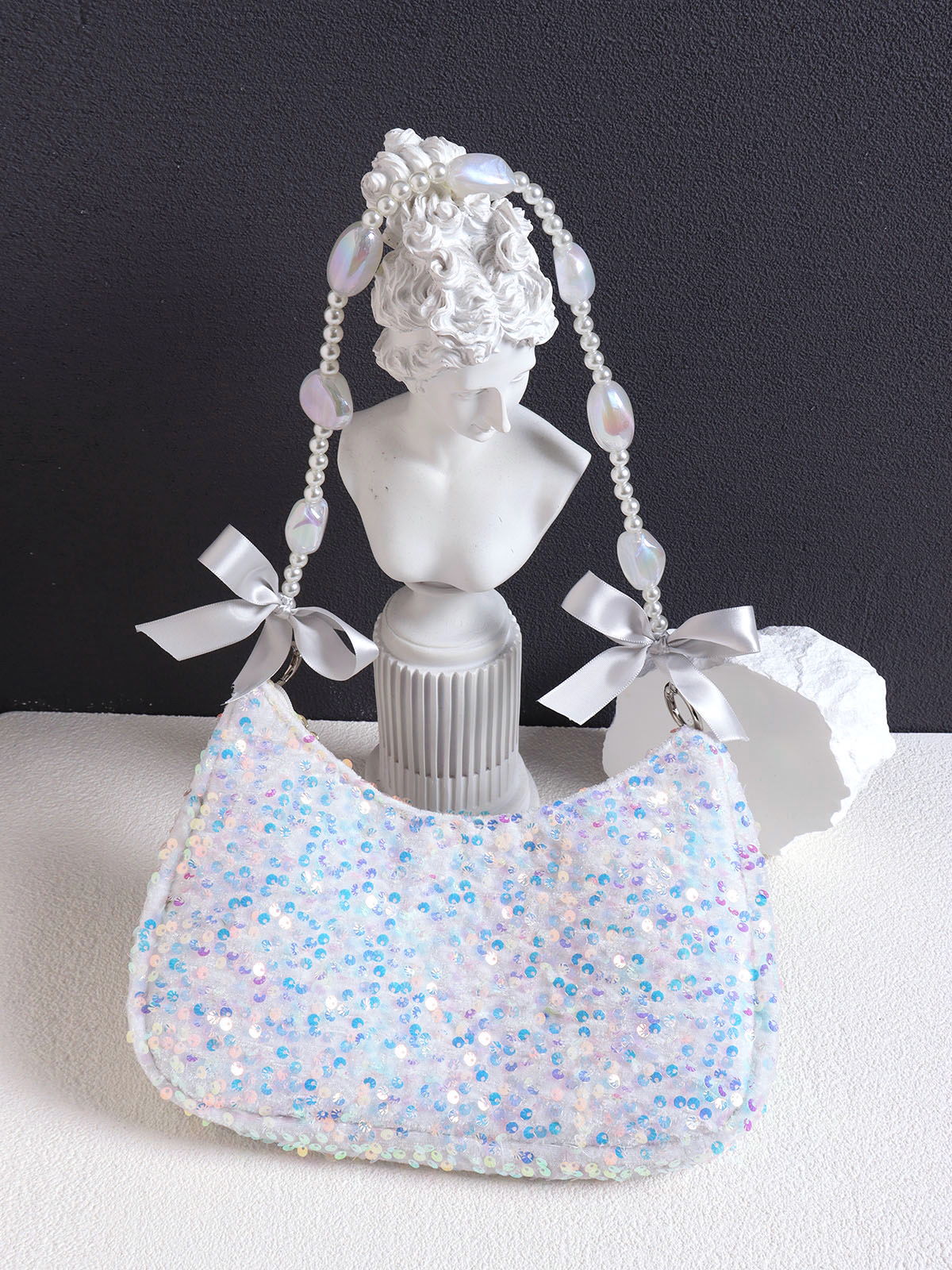 Iridescent Mermaid Sequin Beaded Underarm Bag with Lace-Up Bow - Cute Summer Crossbody Bag for Y2K and Korean Style Fashion Iridescent Mermaid Sequin Beaded Underarm Bag with Lace-Up Bow - Cute Summer Crossbody Bag for Y2K and Korean Style Fashion