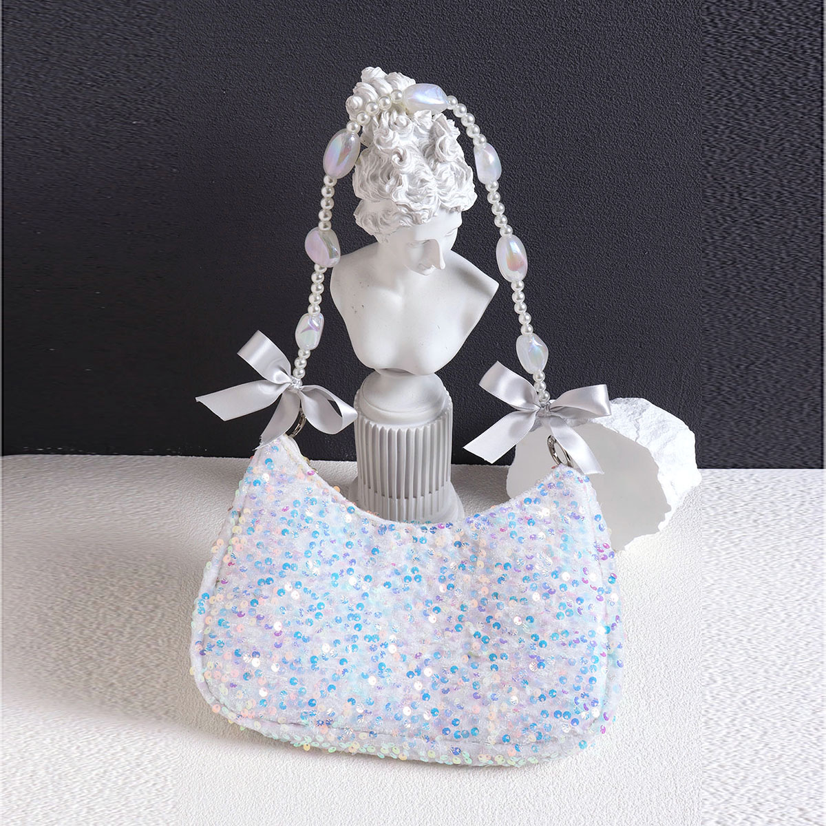 Iridescent Mermaid Sequin Beaded Underarm Bag with Lace-Up Bow - Cute Summer Crossbody Bag for Y2K and Korean Style Fashion Iridescent Mermaid Sequin Beaded Underarm Bag with Lace-Up Bow - Cute Summer Crossbody Bag for Y2K and Korean Style Fashion
