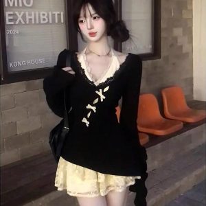 Irregular Butterfly Hollow-Out Halter Lace Dress – Women's Layered Two-Piece Set for Spring & Autumn, Sweet & Spicy Style