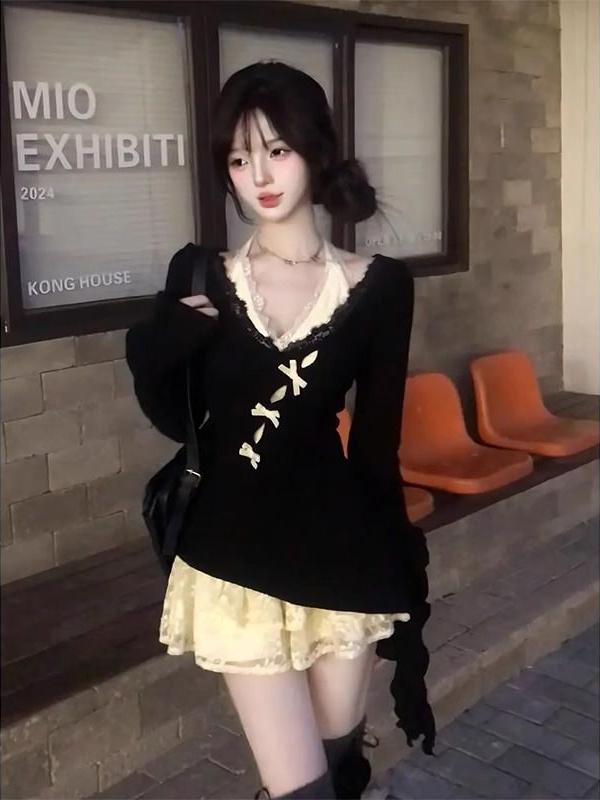 Irregular Butterfly Hollow-Out Halter Lace Dress – Women's Layered Two-Piece Set for Spring & Autumn, Sweet & Spicy Style Irregular Butterfly Hollow-Out Halter Lace Dress – Women's Layered Two-Piece Set for Spring & Autumn, Sweet & Spicy Style