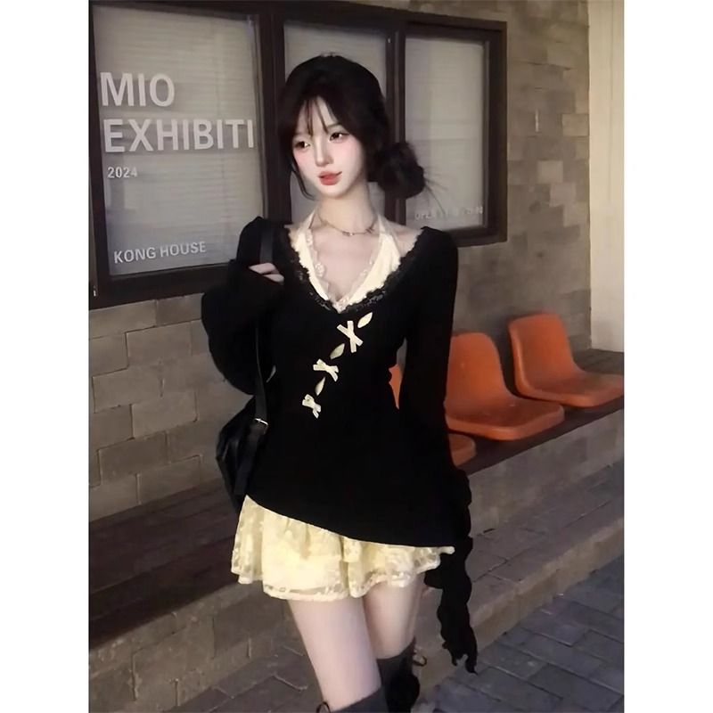 Irregular Butterfly Hollow-Out Halter Lace Dress – Women's Layered Two-Piece Set for Spring & Autumn, Sweet & Spicy Style