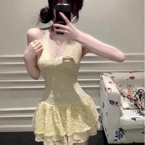 Irregular Butterfly Hollow-Out Halter Lace Dress – Women's Layered Two-Piece Set for Spring & Autumn, Sweet & Spicy Style