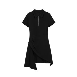 Irregular Design Little Black Dress with Polo Collar - Versatile Slim Fit for Women, Pure Desire Style, Trendy Niche Fashion