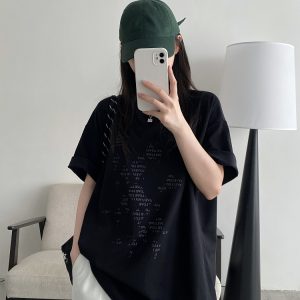Irregular Letter Print Short Sleeve T-Shirt for Women - Sun Grapefruit Casual Top for Spring Summer, Y2K Style, Loose Fit