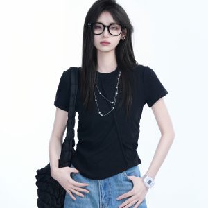 Irregular Pleated Slim Fit Short-Sleeved T-Shirt for Women - Trendy Casual Style