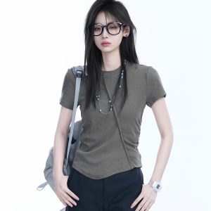 Irregular Pleated Slim Fit Short-Sleeved T-Shirt for Women - Trendy Casual Style
