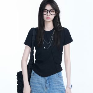 Irregular Pleated Slim Fit Short-Sleeved T-Shirt for Women - Trendy Casual Style
