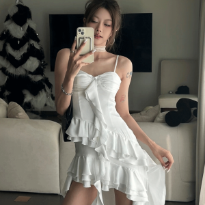 Irregular Satin Flower Bud Ruffled Strap Dress - Elegant Niche Design, Perfect for 90s and Y2K Inspired Fashion