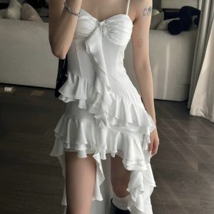 Irregular Satin Flower Bud Ruffled Strap Dress - Elegant Niche Design, Perfect for 90s and Y2K Inspired Fashion