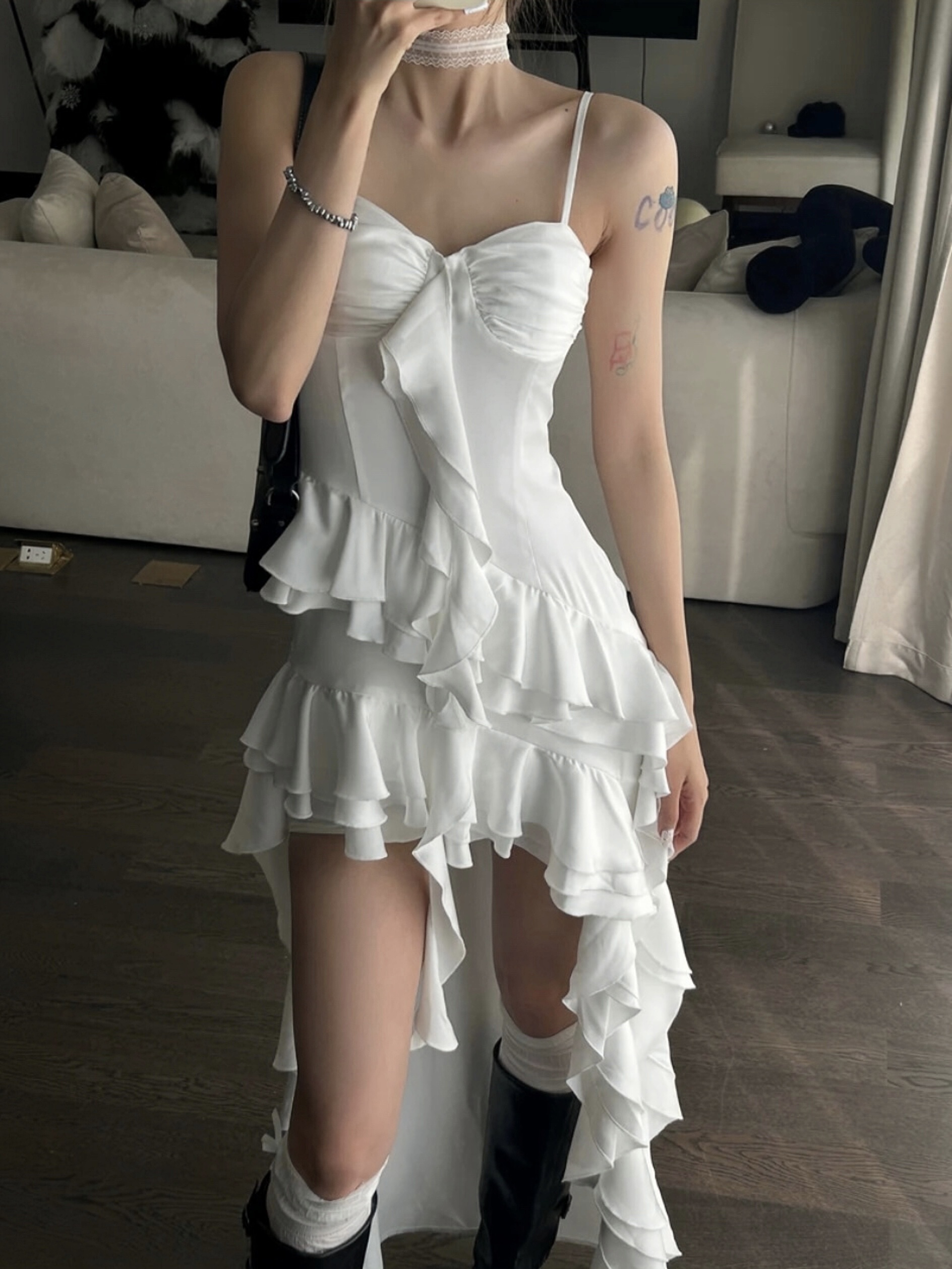 Irregular Satin Flower Bud Ruffled Strap Dress - Elegant Niche Design, Perfect for 90s and Y2K Inspired Fashion Irregular Satin Flower Bud Ruffled Strap Dress - Elegant Niche Design, Perfect for 90s and Y2K Inspired Fashion