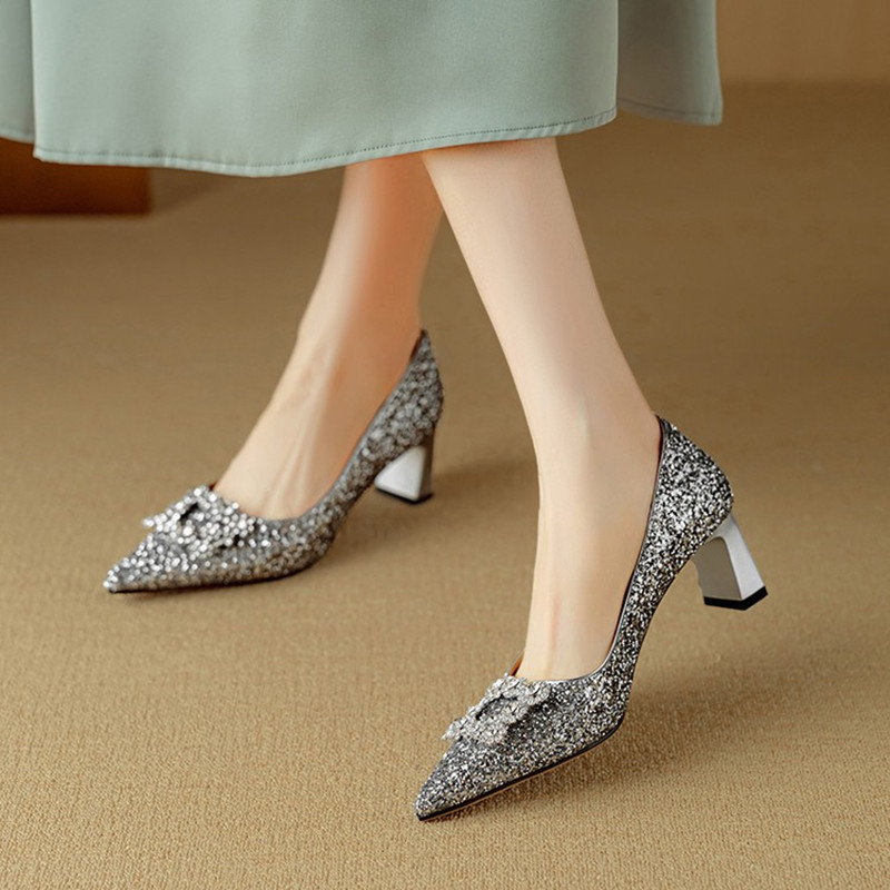 Italian Light Luxury Crystal Sequined High-Heeled Shoes for Women - Pointed Toe Square Buckle Flats, Elegant Rhinestone Design