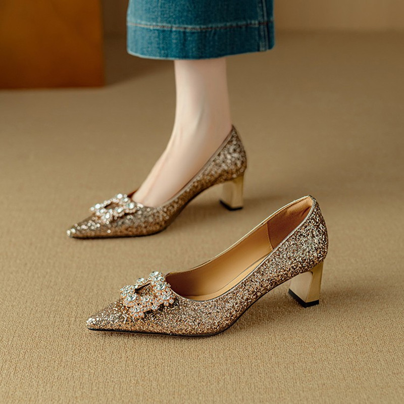Italian Light Luxury Crystal Sequined High-Heeled Shoes for Women - Pointed Toe Square Buckle Flats, Elegant Rhinestone Design