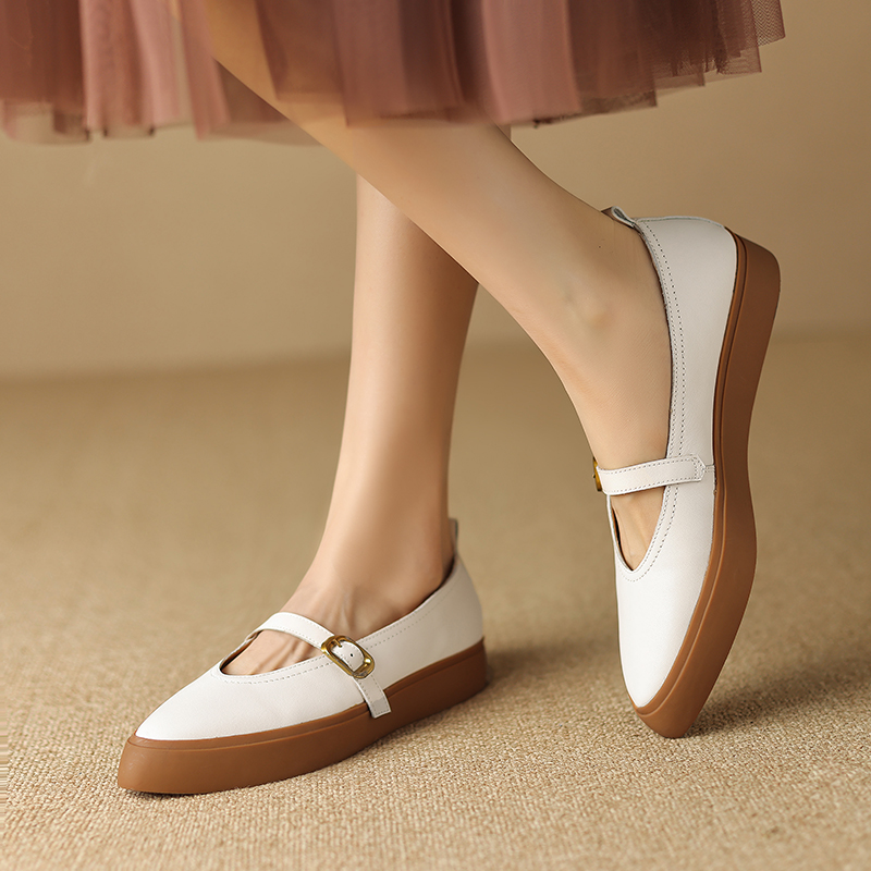 Italian-Style All-Leather Pointed Toe Flat One-Strap Shoes - 2.5 cm Soft Sole for Ultimate Comfort