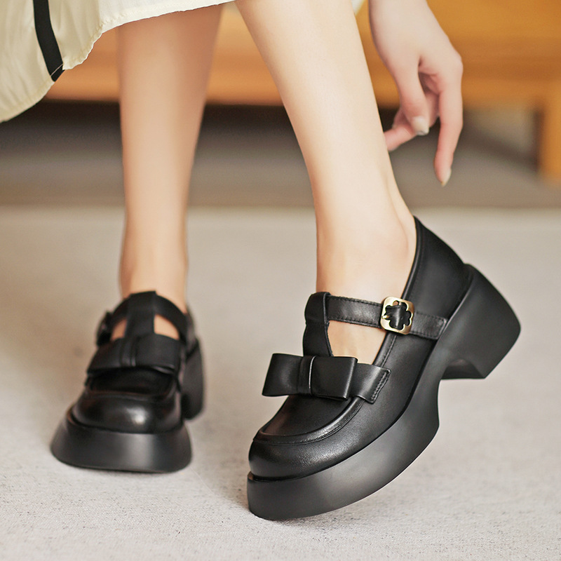Italian-Style Bow Soft Sole 6 cm Heels - Comfortable Genuine Leather Footwear for Effortless Elegance